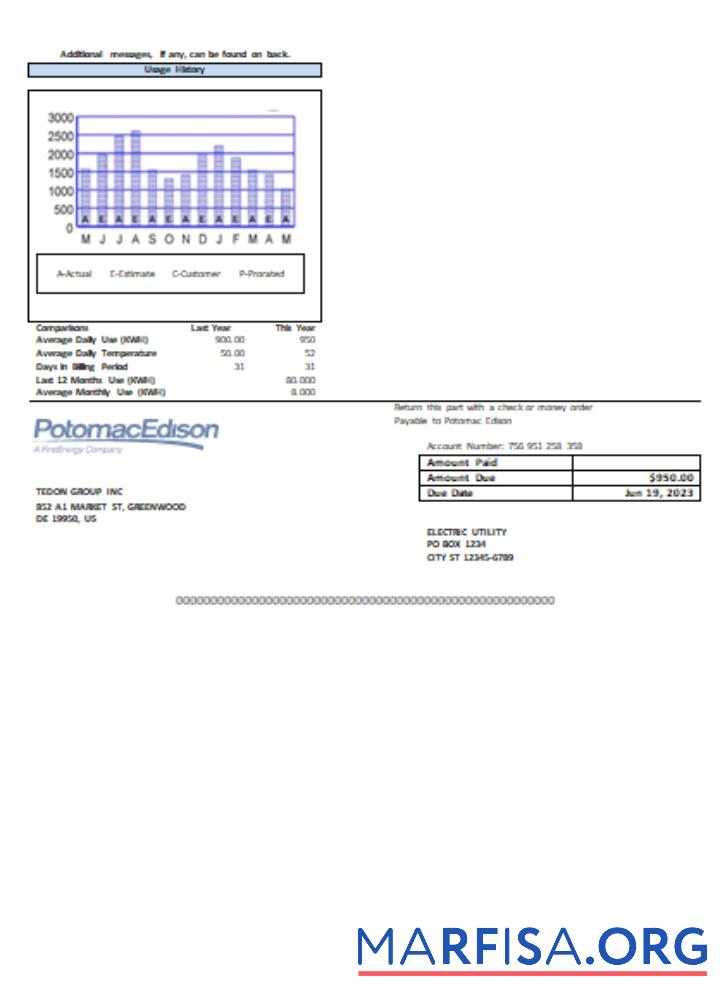 Printable Potomac Edison utility business bill, page 2, SCR real example